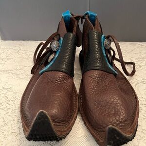 Handmade Leather Curl Toe Shoes with Turquoise Leather and Silver Buttons